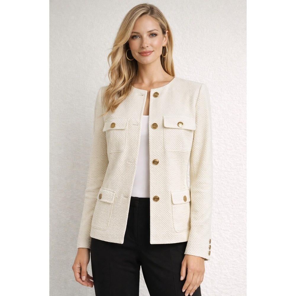 Premise Ivory Textured Blazer Gold Crest Buttons Career Jacket Size 14 MSRP $128